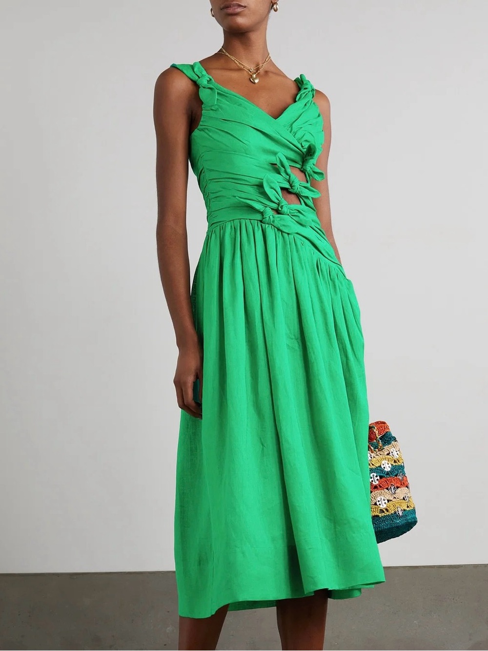 NWT Zimmermann Tiggy Bow Embellished Linen Midi Dress Green